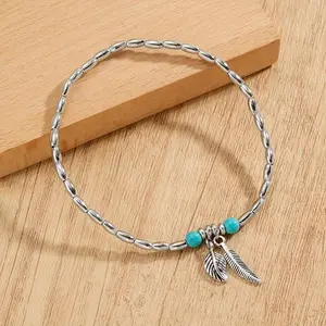 Boho Stretchable Anklet with Faux Turquoise Beads and Alloy Leaf Pendant, Stackable Summer Beach Jewelry for Women, Stainless Steel