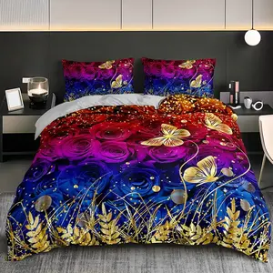Butterfly Rose Flower Girls' Bedding Set, Fantasy Plant Floral Duvet Set, 3-Piece, 1 Fitted Sheet & 2 Pillowcases, All Seasons