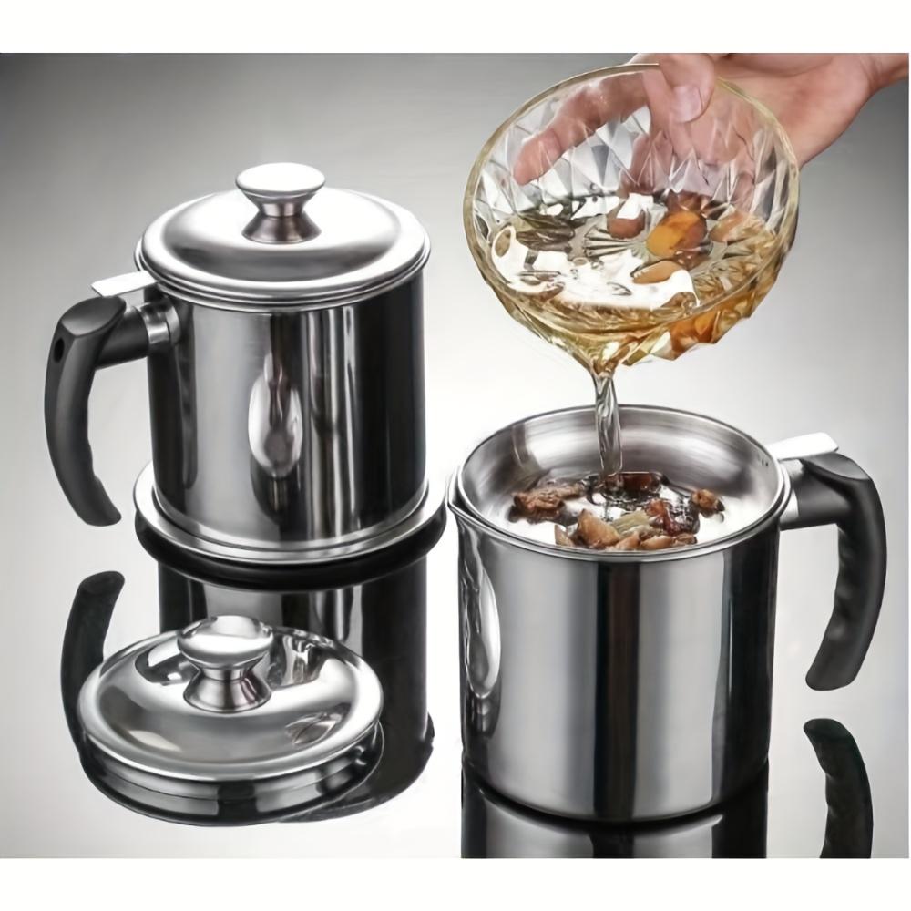 Stainless Steel Kitchen Grease Container with Strainer - Easy Pour Handle - Great for Storing Cooking Oils and Fats - Essential Kitchen Accessories - Kitchen Grease Jar