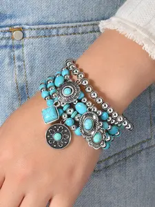 Bohemian Style Turquoise Beaded Necklace Set, Western Cowboy Pendant Design, Women's Jewelry Gift, 5 Piece Set, Elegant Style, Boho Style Bracelet
