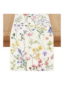 New Watercolor Floral Linen Table Runner, Spring and Easter Decor, Suitable for Home Kitchen Dining Room, Versatile Usage, Ca Prop 65 Compliant