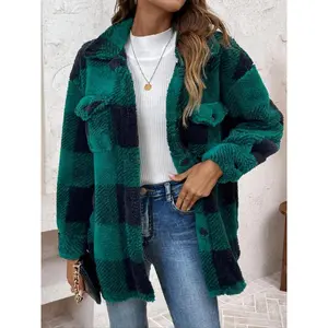 Casual Plaid Fuzzy Coat - Women's Button Front Collared Outerwear, Fall Winter Daily Ladies Wear