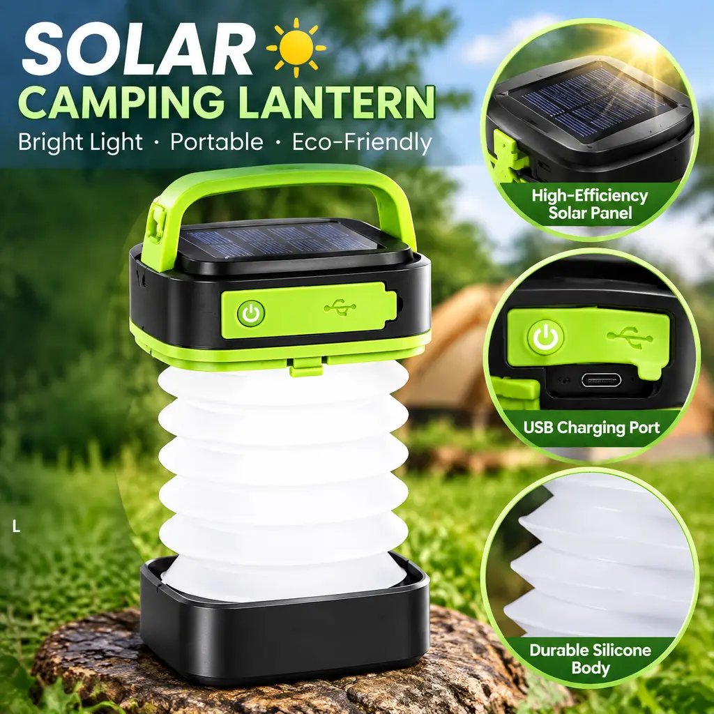 Collapsible Solar Camping LED Lantern, Portable Handheld Light with Solar-USB Charging, for Camping, Hiking, Outdoor Emergencies