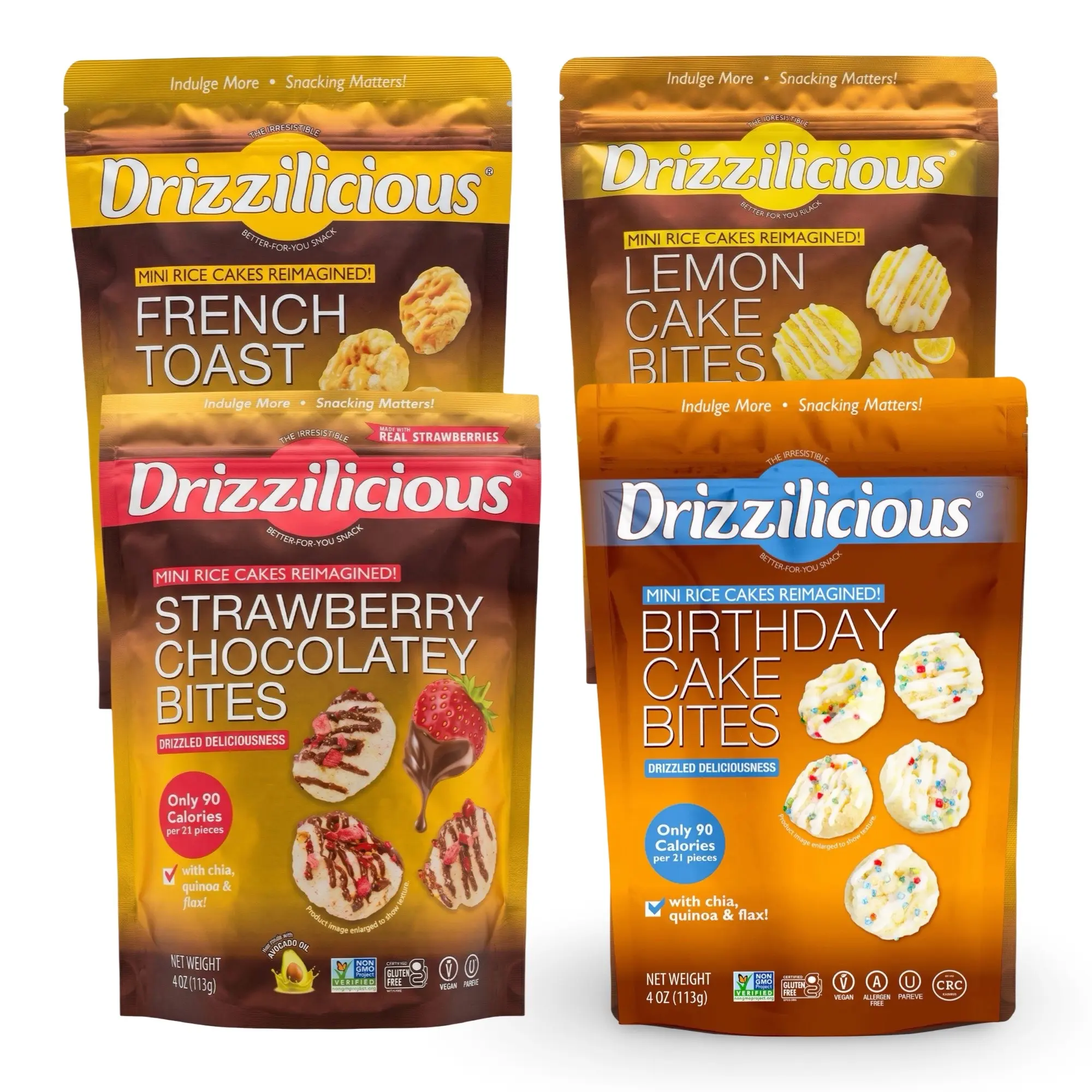 Drizzilicious Mini Rice Cake Bites Variety Pack, Chocolate Strawberry, Birthday Cake, French Toast & Lemon Cake Drizzle, 4 Bags