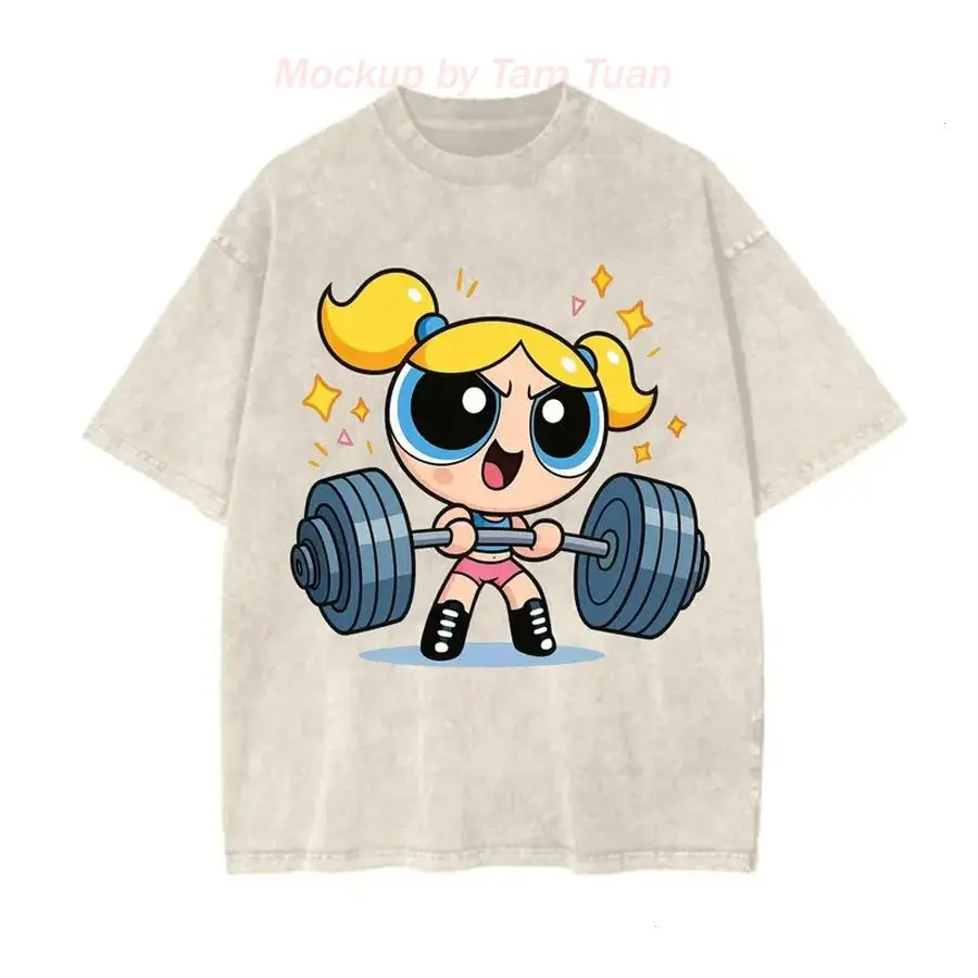 Y2k Bubleess #Powerpuffff Girls Gym Washed Tee, Cute Cartoon Character Unisex Graphic Tee for Heavy Lifting, Gift for Fans, Apparel Made In The Usa		