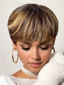 P427 Highlight Pixie Cut Wig Human Hair Short Full Machine Made Natural Looking For Women