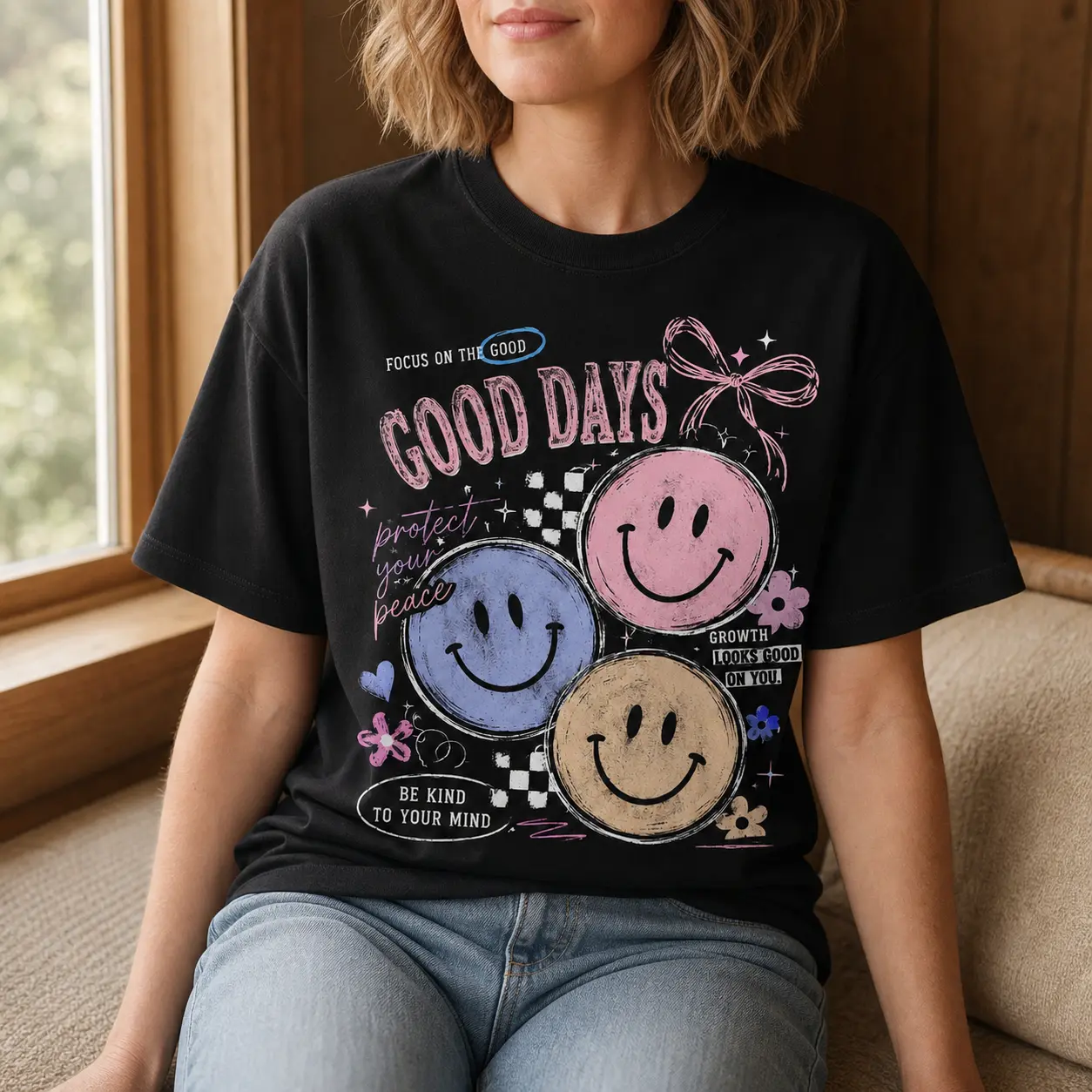 Women's 180g 100% Cotton Fitted T-Shirt - Black, Crew Neck, Short Sleeve, Smiley Face Graphic Positive Mental Health Tee