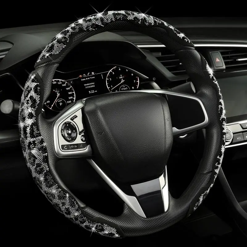 Sparkly Diamond Leopard Steering Wheel Cover 3 Pack, Universal 14.5-15 Inch Non Slip Leather Steering Wheel Wrap For Cars