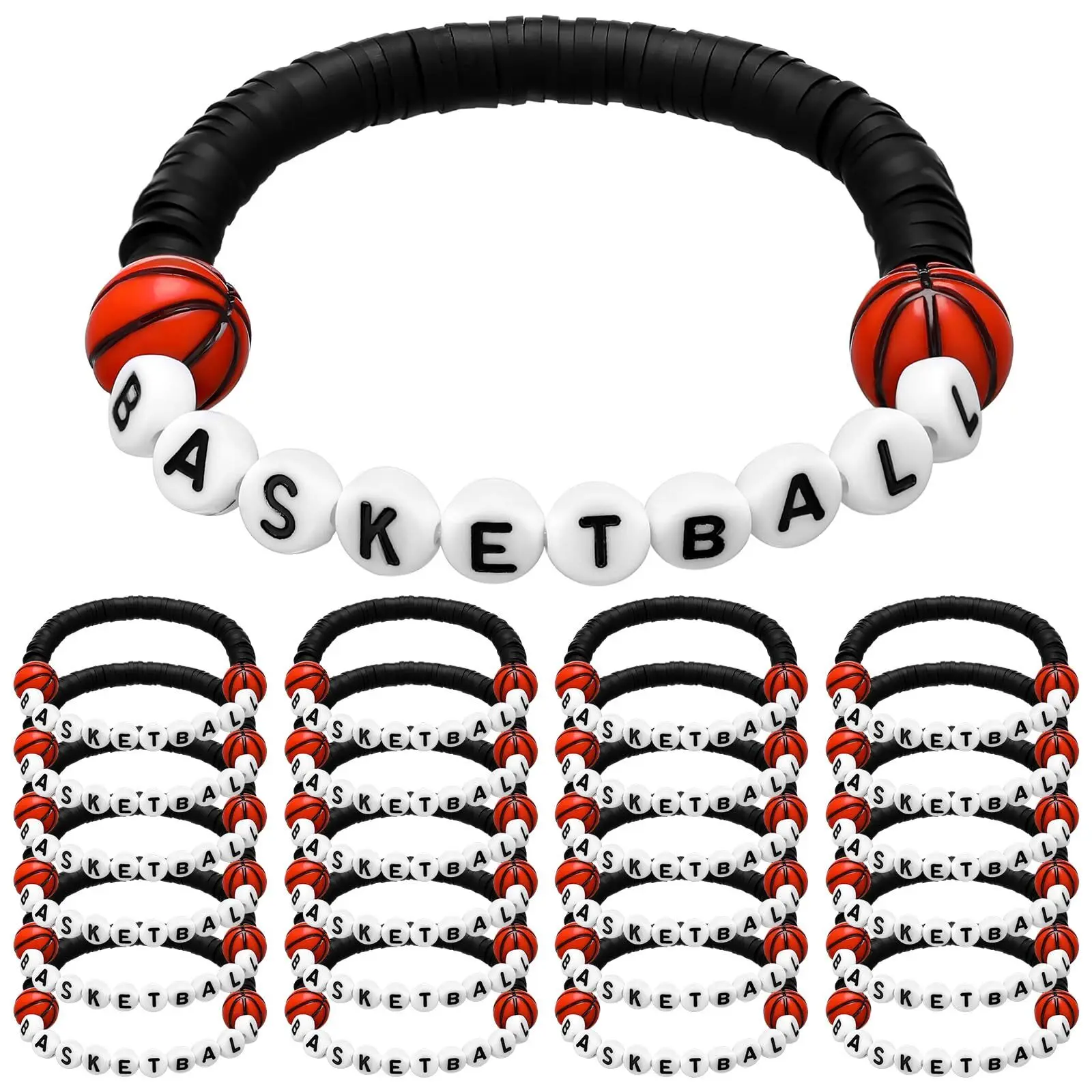 Hoops 24 Pcs Basketball Bracelets Basketball Party Favors Charm Basketball Bracelet Stackable Clay Beaded Bracelets for Basketball Gifts Teens Team Basketball Party Decoration(Black)