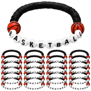 Hoops 24 Pcs Basketball Bracelets Basketball Party Favors Charm Basketball Bracelet Stackable Clay Beaded Bracelets for Basketball Gifts Teens Team Basketball Party Decoration(Black)