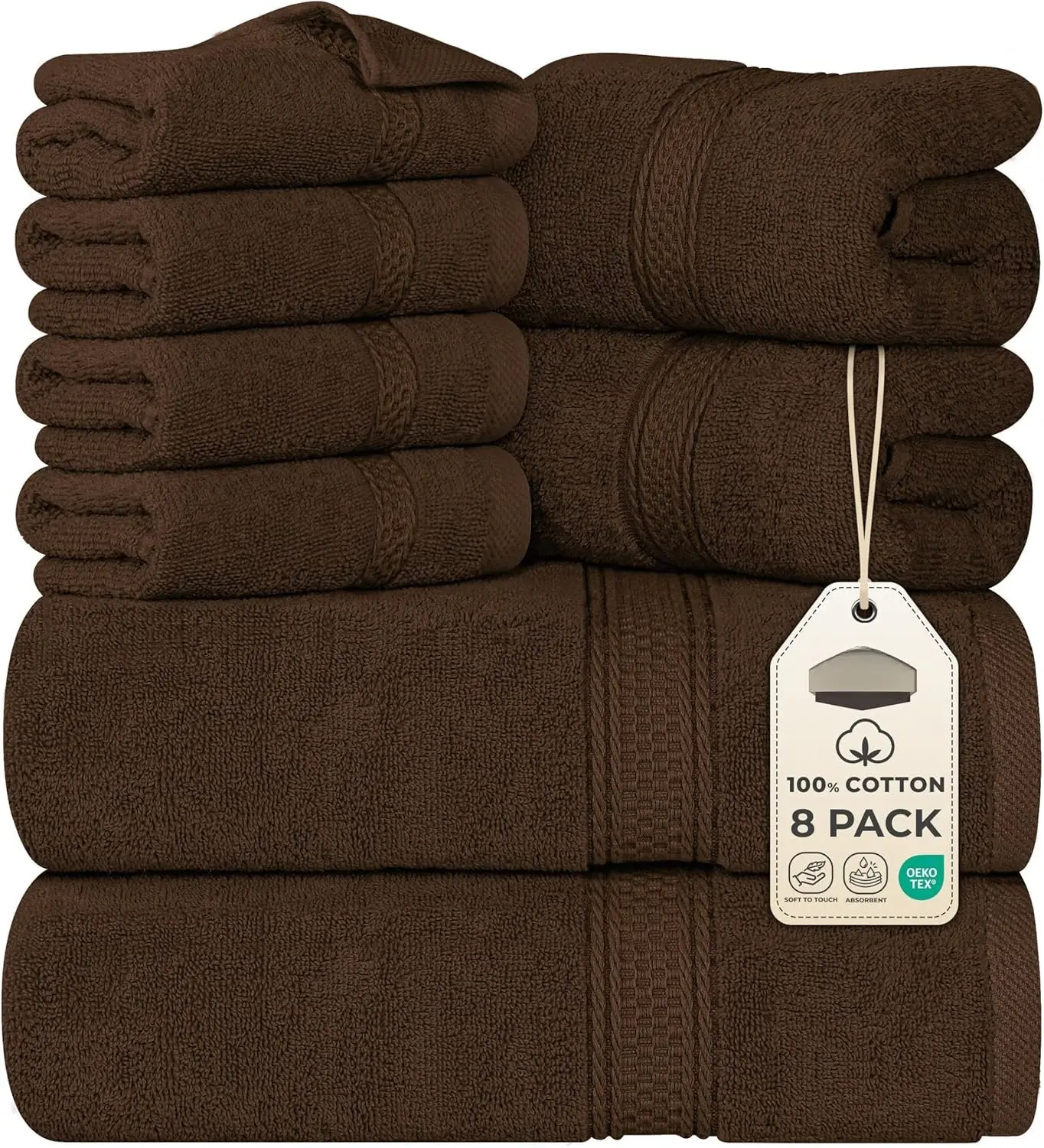Modern 8-Piece Ring-Spun Cotton Towel Set (16x28 Inches, 600 GSM) - 2 Bath, 2 Hand, 4 Wash Cloths, Highly Absorbent for Bathroom, Camping Trip (Light Brown)