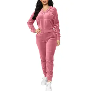 Velour Tracksuit Set Womens Sweatshirt Full Zip Hoodie Sweatsuit And Casual Jogger With Pockets Fashion