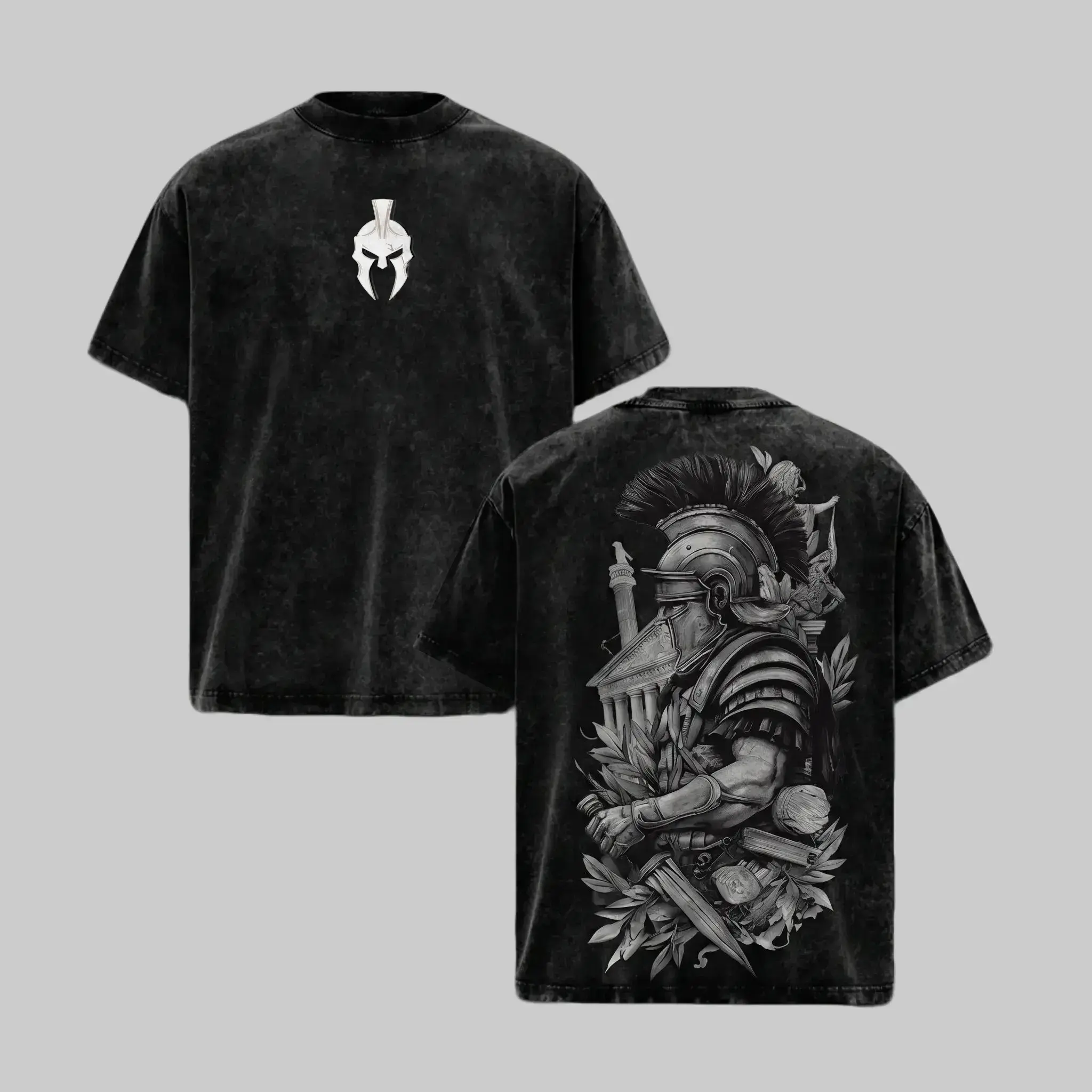 Spartan Warrior - Vintage Washed Graphic Tee Oversized Tshirt Men Streetwear Heavy Cotton Fall Outfits Clothes Men Retro Style Historical Graphic T-Shirt Roman Gladiator Armor Art Vintage Tees Trendy T-Shirts Gift for Men