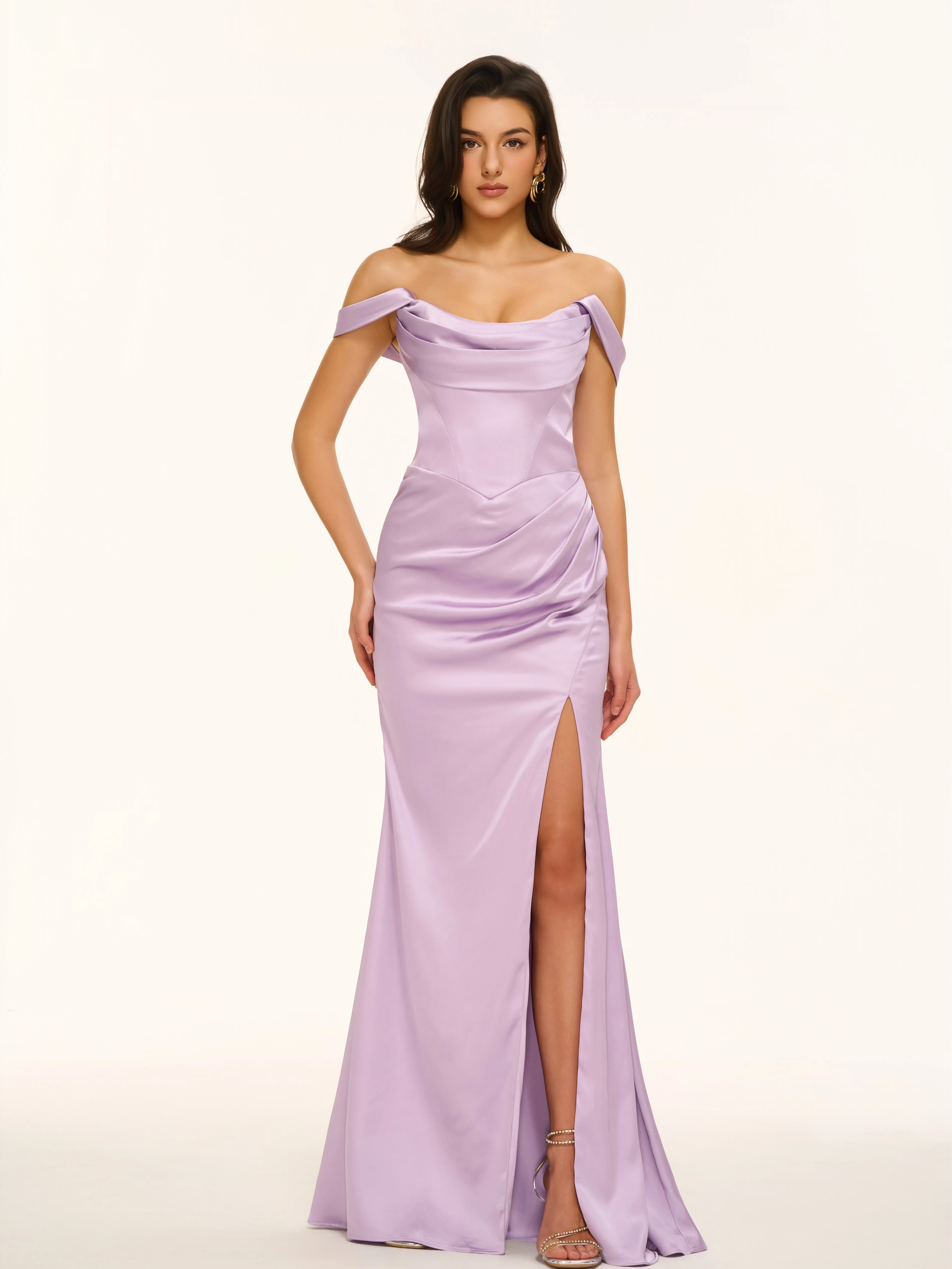 Kaimono Women's Lavender Off-Shoulder Satin Corset Prom Dress with Ruched Waist and High Slit Elegant Evening Feminine Formal