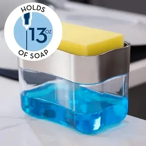 Oyajia 2-in-1 Soap Dispenser & Sponge Holder Combo for Kitchen - Large Capacity, Easy One-Hand Operation, Gray, Includes Drip Tray & Caddy for Clean and Organized Countertops
