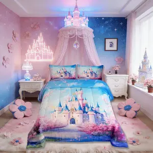 Castle Girls Bedding Set,Princess Flower Floral Comforter Set,Romantic Dreamy Fantasy Quilt Comforter for Boys Teens,Blue Pink Room Decor All Season