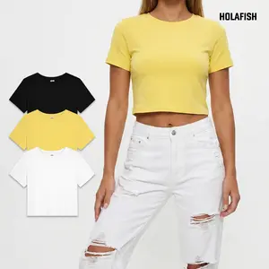 Holafish 2/3Pack Summer Womens Crop Top High-stretch Tshirt Plain Solid Color Soft Lightweight Tees Hot Girl Summer Outfit Y2K Streetwear Casual Fashion Comfortable Breathable Slim Fit Everyday Essential