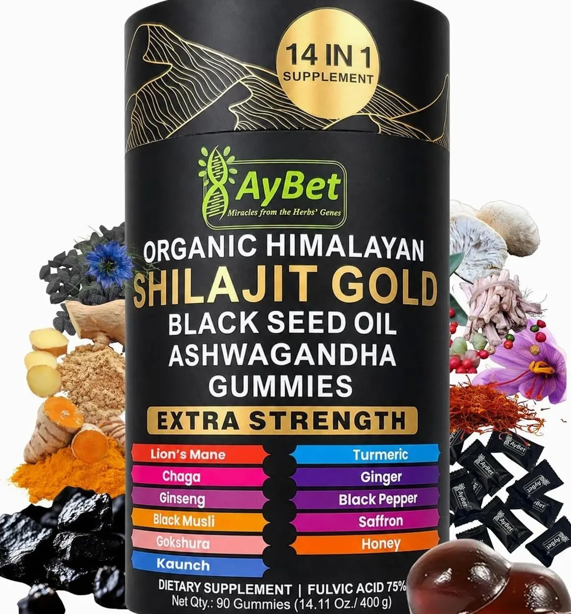 Organic Himalayan Shilajit Gold Gummies for Men and Women, Black Seed Oil, Ashwagandha, Ginseng, Turmeric, Gokshura, Lion's Mane, Lab Tested, No Sugar Added, Halal, 90Gummy