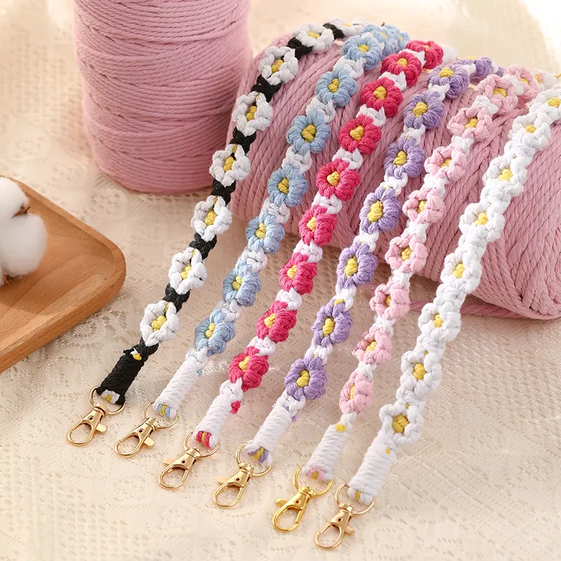 BohemiaMacrame 3 PCS Key Chain Bracelet Handmade Wristlet Keychain Keyring Holder WristLanyard for Women Mixed Colors Floral Design