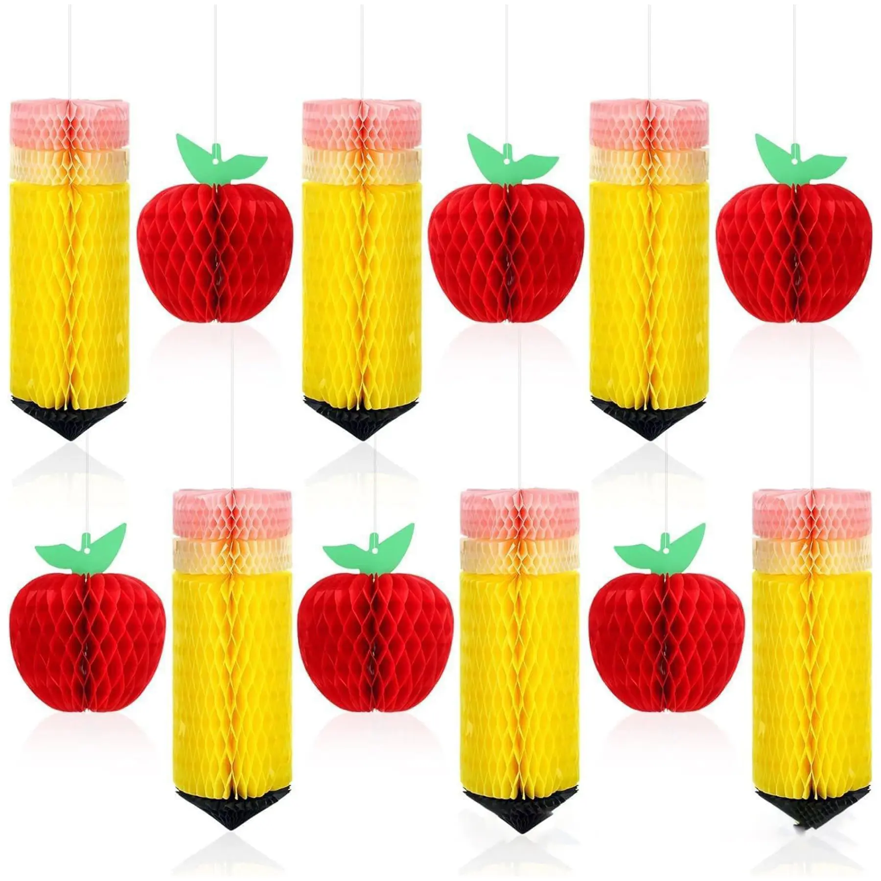 12Pcs Pcs Welcome Back to School Hanging Decorations Pencil Hanging Honeycomb Back to School Classroom Decorations Tissue Paper Apple Honeycomb Centerpieces Ceiling Decor for First Day of School Party, Pencil Decorations for Classroom