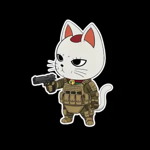 Cute Armed Cat Anime Sticker, Chibi Tactical Cat, Funny Military Style Sticker for Laptop and Phone