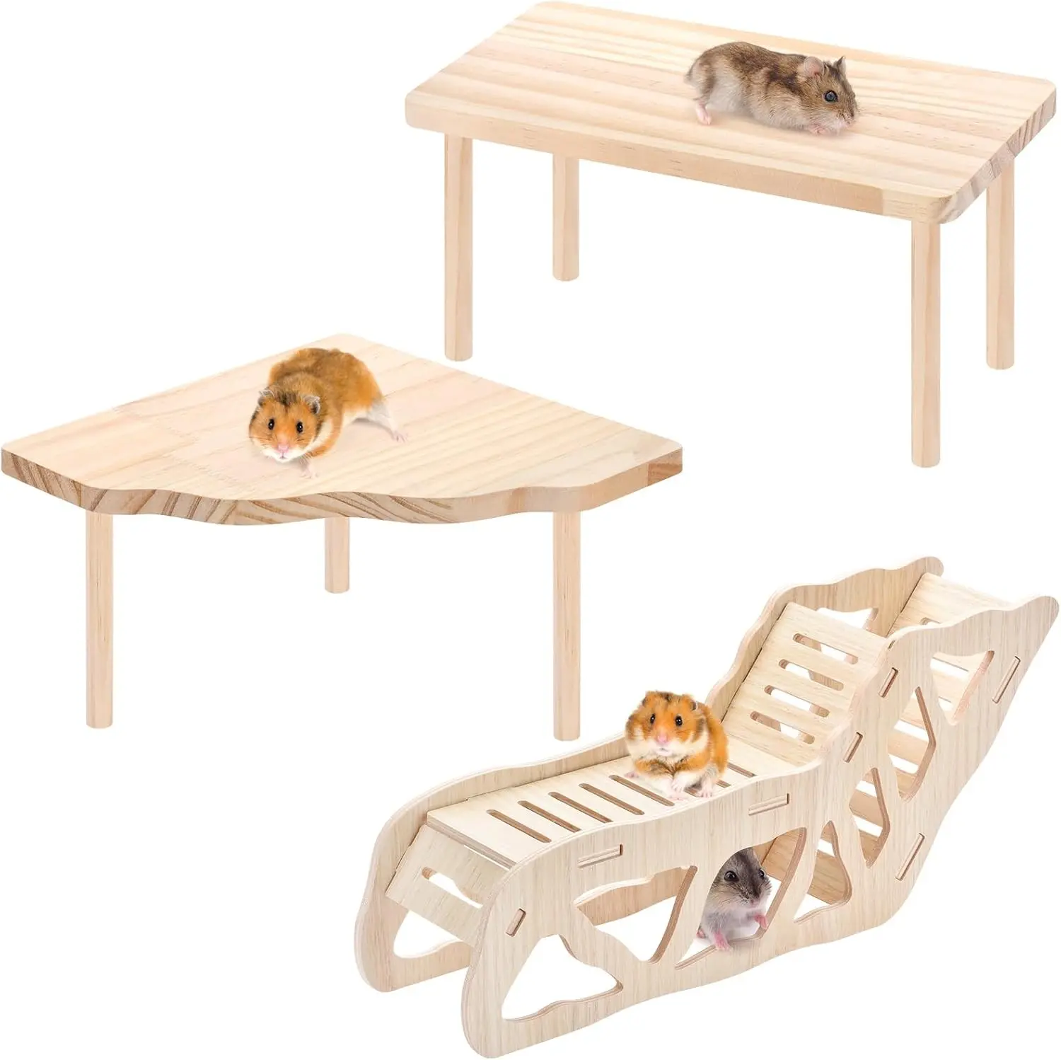 3-Piece Set Hamster Cage Accessories Wooden Hamster Platform Toys for Dwarf Syrian Hamsters Gerbils Other Small Pets