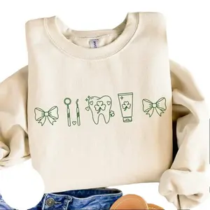 Dental Hygienist St. Patrick's Day Sweatshirt/Hoodie/T-Shirt, Lucky Clover Dental Crewneck, Coquette Bow Toothbrush Toothpaste Design, Cute Shamrock Teeth Apparel for Women and Men