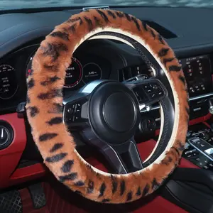 KAFEEK Elastic Long Microfiber Plush Steering Wheel Cover for Winter Warm, Deep CaramelLeopard