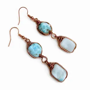 Condo & Hen Larimar & Copper Wire Wrapped Earrings - Elegant Handcrafted Jewelry with Natural Stone and Copper Wire Design