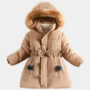 NewChildren's Winter Fashion Girls' Cotton Jacket with Fur Collar and Hood, Mid-Length, Fleece-Lined