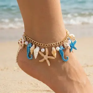 Boho Beach Anklet with Seahorse Starfish Shell Charms, Gold Chain Summer Foot Jewelry with Pearl Accents, Ocean Themed Ankle Bracelet for Women Vacation Gift