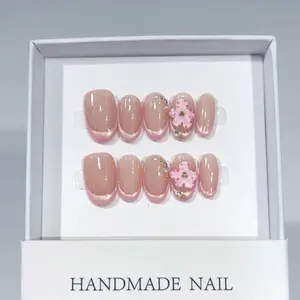 Hailey's almond shape shinny cateye french tips flower luxury acrylic handmade press on nails A6