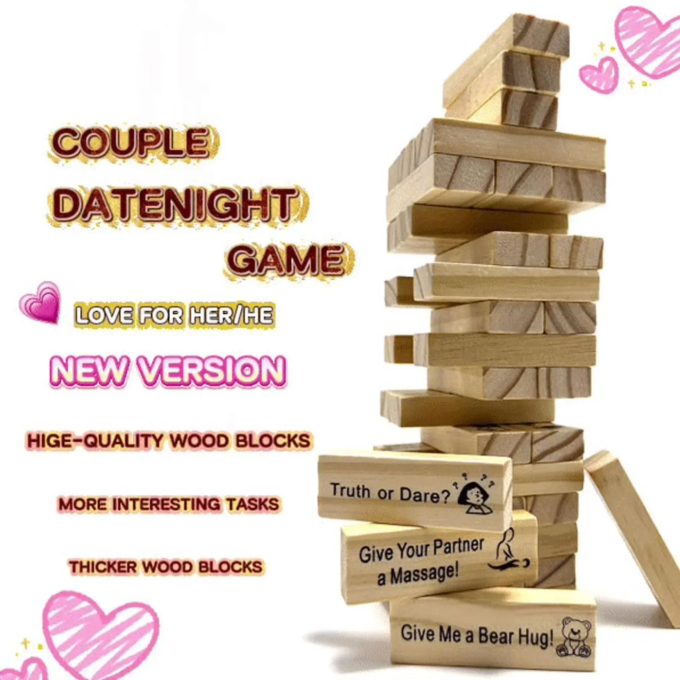 Blocking Stacking Game, 48 PCS Bilingual Spanish-English Indoor Recreation Toy, Couple Intimacy Gifts for Romantic Dating Night Bonding