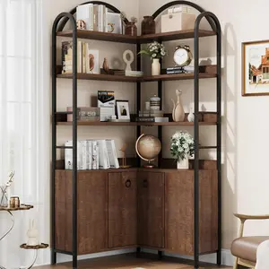 74.5" Corner Bookshelf with Storage Cabinet, 6 Tier Arched L Shaped Bookcase with Metal Frame, Large Industrial Corner Shelf for Living Room, Bedroom