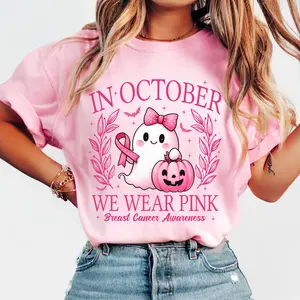 In October We Wear Pink Shirt, Retro Breast Cancer Awareness T-Shirt, Halloween Pink Ghost Sweatshirt, Breast Cancer Halloween Clothing Unisex