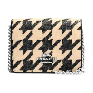 Coach Logo Checkered Print Flap Mini Wallet in Canvas and Leather for Women in Beige and Black