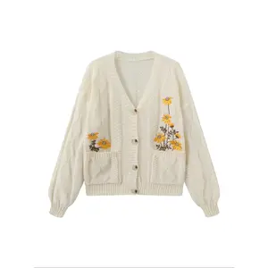 Women's Floral Embroidery Button Cardigan, Casual Long Sleeve Button Front Pocket Fall Knitwear, Fashion Women's Knit Clothing for Daily Wear Knit Cardigans