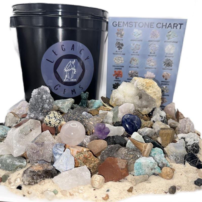 Mega Crystal Gem Mining Bucket - 1 Gallon Bucket, 12 -14 lbs Total - Over 5 lbs of Gemstones and Crystals and Pyrite