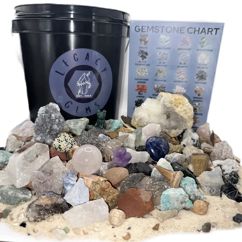 Mega Crystal Gem Mining Bucket - 1 Gallon Bucket, 12 -14 lbs Total - Over 5 lbs of Gemstones and Crystals and Pyrite