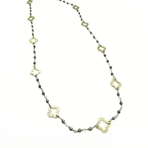 Gold Clover and Petite Matte Gray Beaded Long Necklace