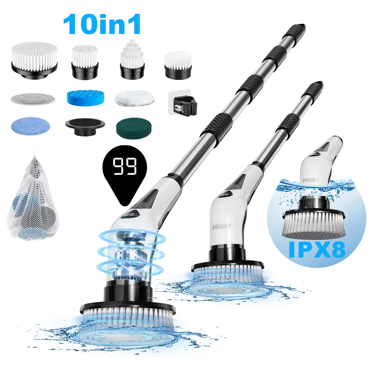 Prasky Electric Spin Scrubber, Cordless Cleaning Brush with 9 Replaceable Brush Heads, Full-Body IPX8 Waterproof Bathroom Scrubber Dual Speed with Adjustable & Detachable Handle for Bathroom Kitchen Car