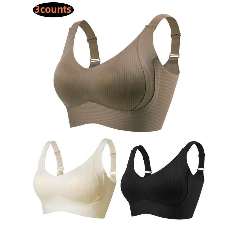 Women's 3-Pack Seamless Wireless Push Up Bra, Adjustable Supportive Solid Ribbed Bra, Soft Comfortable Breathable Lingerie with 4 Hooks, Perfect for Daily Wear, All Seasons Comfortable Intimates for Women