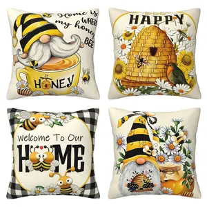 Spring/Summer Yellow Bumblebee Happy Dwarf Decorative Pillow Cover, Autumn Black Buffalo Grid Honey Theme Home Decoration, Farmhouse Style Cushion Cover Outdoor Decoration, 4-piece Set with Double sided Printing