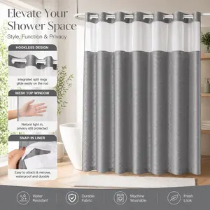 Gray Multicolor Double-Layer Hookless Shower Curtain with Snap-In Liner, Tufted Cotton Fabric, Waterproof Inner Layer & Washable White Outer Layer, Boho Style with See-Through Mesh Top Window, for Home & Hotel, 71 × 74 in