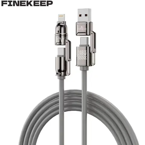 Finekeep 4-in-1 Versatile Interfaces Fast Charging Cable - USB-A, USB-C, Lightning, 480Mbps Data Transfer, Liquid Silicone Construction, Zinc Alloy Connector, 99% Devices Compatibility, Multi-Device Cables for iPhone, Android, Samsung