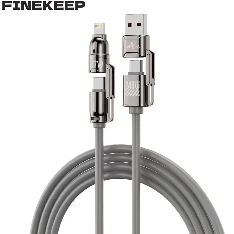 Finekeep 4-in-1 Versatile Interfaces Fast Charging Cable - USB-A, USB-C, Lightning, 480Mbps Data Transfer, Liquid Silicone Construction, Zinc Alloy Connector, 99% Devices Compatibility, Multi-Device Cables for iPhone, Android, Samsung