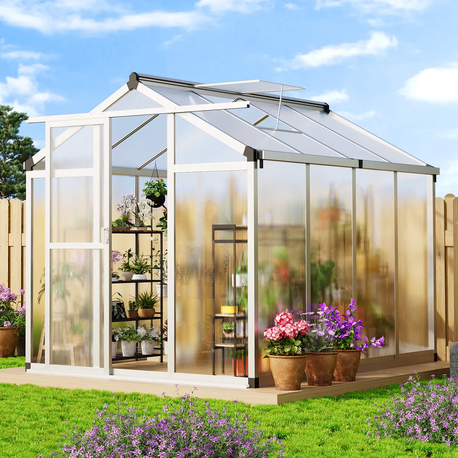 Large Walk-In Outdoor Greenhouse – Robust Aluminum Frame with Heavy-Duty Polycarbonate Panels, Commercial Sliding Doors, Roof Vent, Simple Assembly, Year-Round Growing – Perfect for Backyard, Patio, Lawn – Green Frame