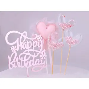 Rose gold happy birthday cake topper set 5pcs heart pink pearls cupcake toppers for girls women princess party decorations supplies