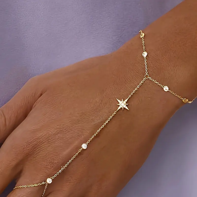 Star Hand Chain Bracelets for Women, Dainty Gold Ring Bracelet Hand Chain, Stackable Link Chain Cubic Zirconia Bracelet Body Jewelry Cute Trendy Gifts, Summer Dainty Jewelry, Trendy Stack Bangle, Stacking Bracelet, Handchain Bracelet