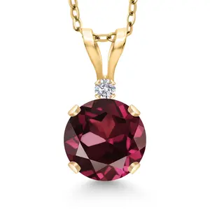 Gem Stone King 14K Yellow Gold Red Rhodolite Garnet and Lab Grown Diamond Pendant Necklace for Women | 1.02 Cttw | Gemstone January Birthstone Round 6MM | With 18 Inch Silver Chain